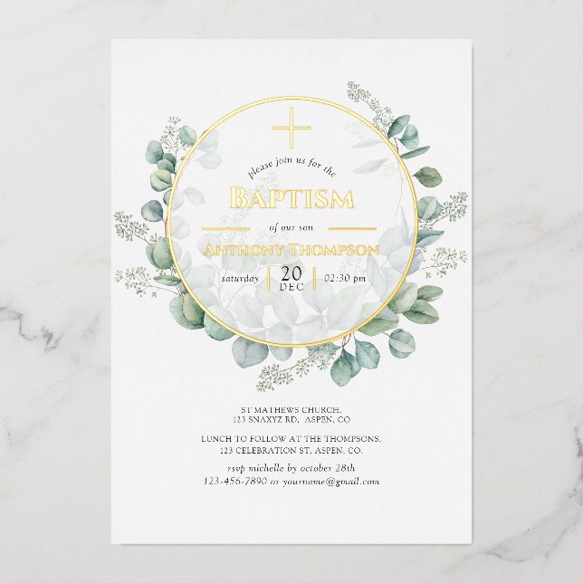 Eucalyptus Géométrique Baptême Foil Invitation (Recto)