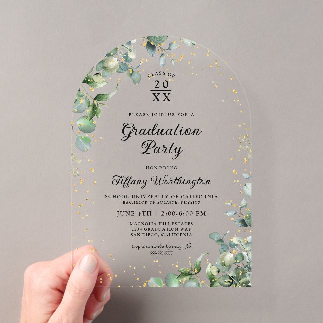 Eucalyptus Glitter Graduation Party Acrylic Invitations (Insitu (Handheld))