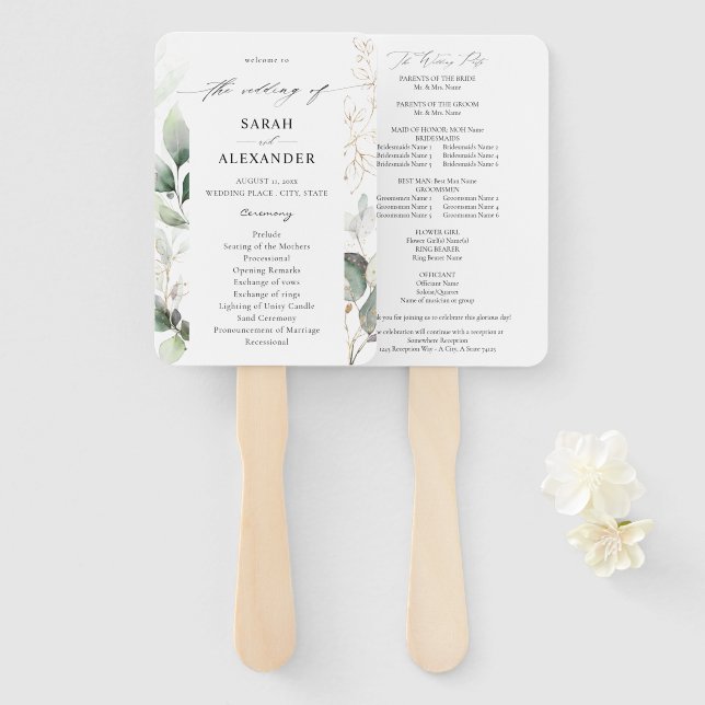 Eucalyptus Glow Gold Greenery Wedding Program Hand Fan (Front and Back)
