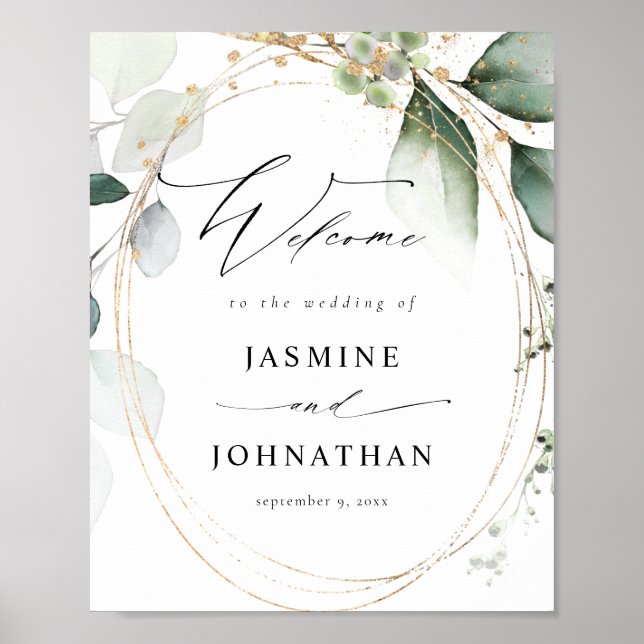Eucalyptus Glow Gold Greenery Welcome Sign Poster2 (Front)