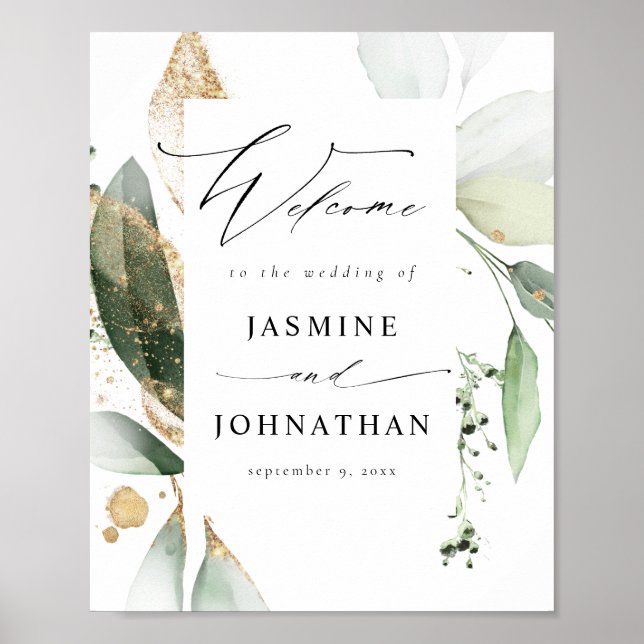 Eucalyptus Glow Gold Greenery Welcome Sign Poster3 (Front)