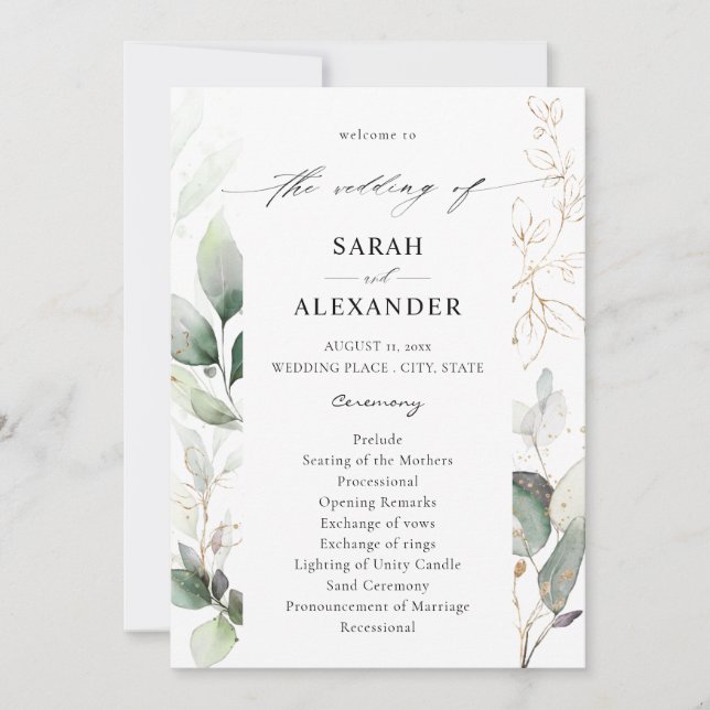 Eucalyptus Glow Gold Programme de mariage vert (Devant)