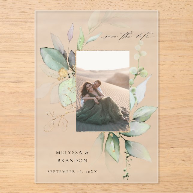 Eucalyptus Glow Vertical Photo Save the Date Acrylic Invitations (Front)