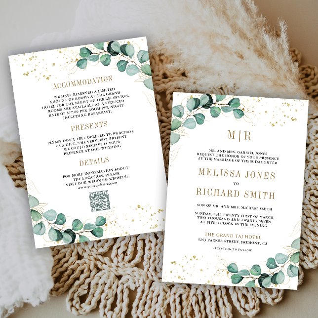 Eucalyptus Gold All in One QR Code Formal Wedding Invitation (Creator Uploaded)