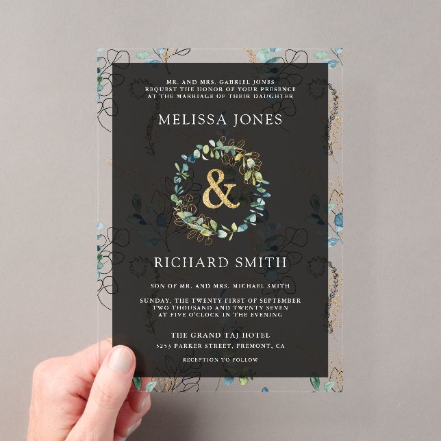 Eucalyptus Gold Ampersand Black Wedding Acrylic Invitations (Insitu (Handheld))