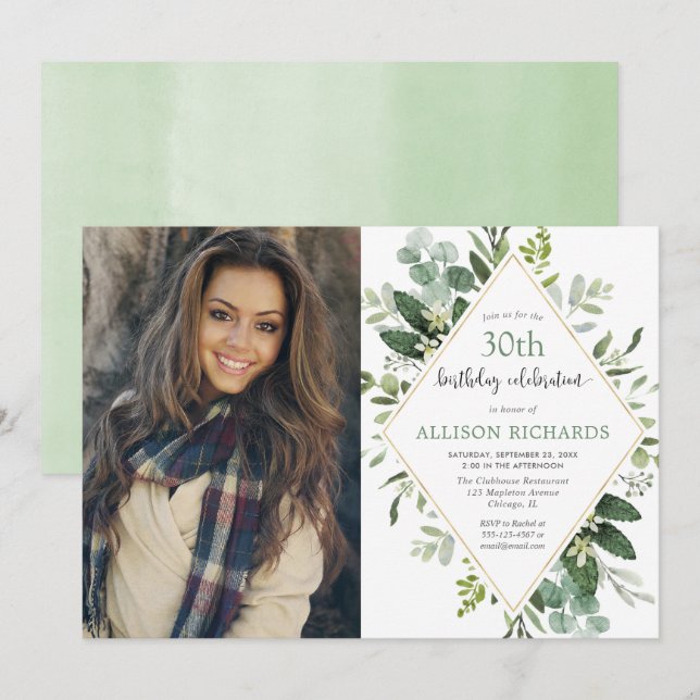 Eucalyptus gold any age adult birthday photo invitation (Front/Back)