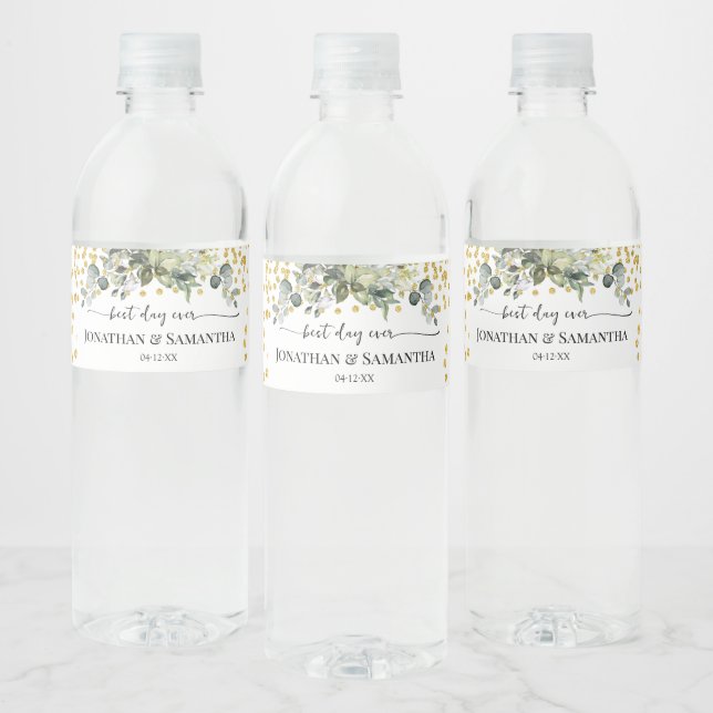 Eucalyptus Gold Best Day Ever Wedding Water Bottle Label (Bottles)