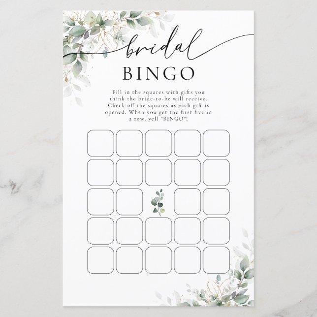 Eucalyptus Gold Bridal Shower Bingo (Front)