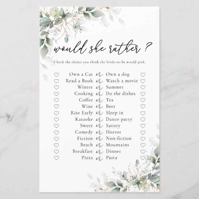 Eucalyptus Gold Bridal Shower Game (Front)