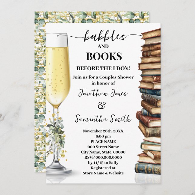 Eucalyptus Gold Bubbles & Books Couples Shower Invitation (Front/Back)