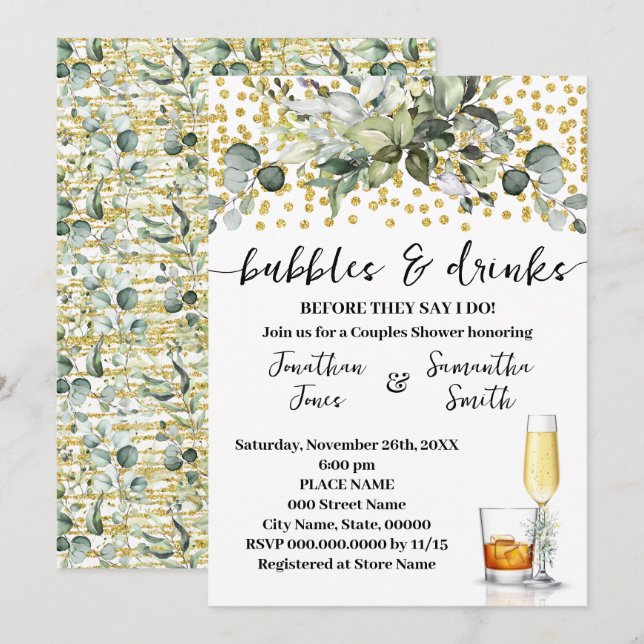 Eucalyptus Gold Bubbles & Drinks Bridal Shower Invitation (Front/Back)