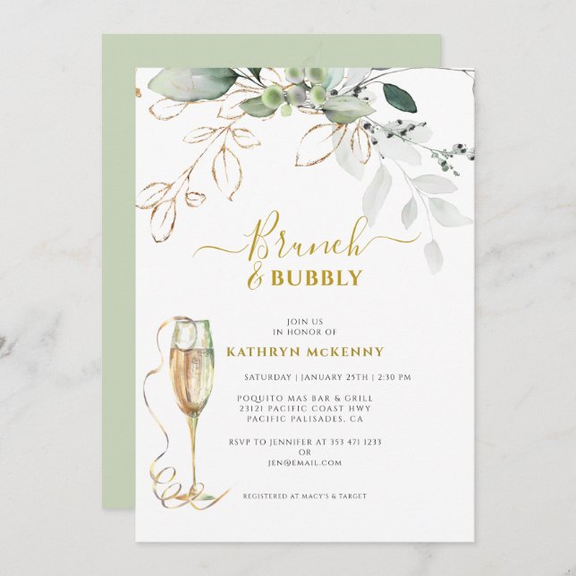 Eucalyptus Gold Calligraphy Bridal Shower Invitation (Front/Back)
