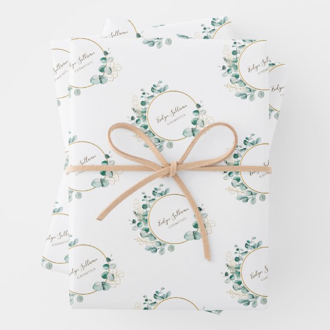 eucalyptus gold circle logo wrapping paper sheets (In situ)
