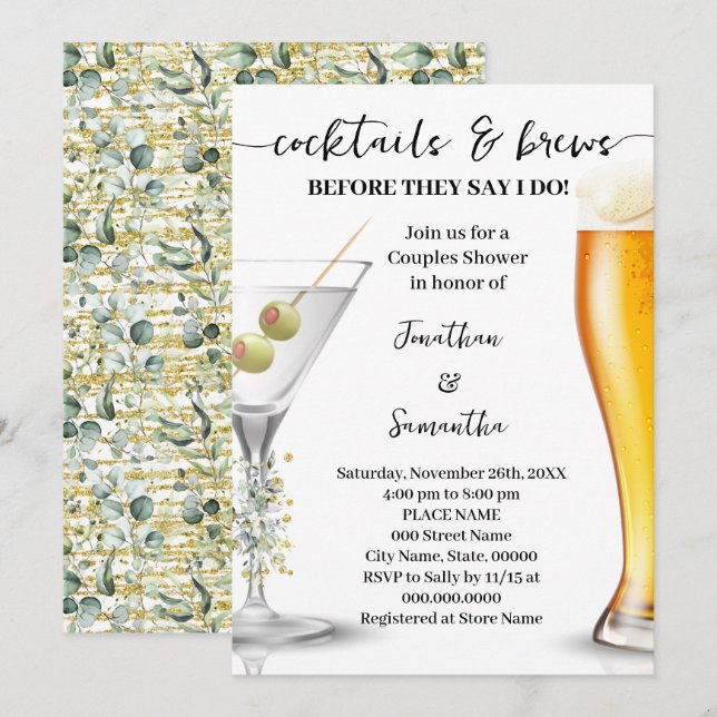 Eucalyptus Gold Cocktails & Brews Couples Shower Invitation (Front/Back)