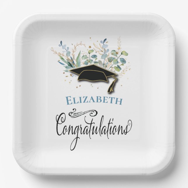 Eucalyptus Gold Congratulations Graduation Party Paper Plate (Front)
