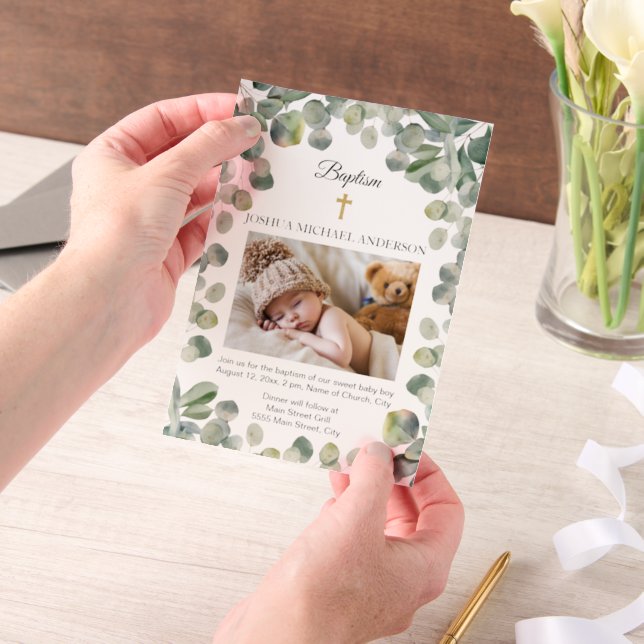 Eucalyptus Gold Cross Baby Baptism Photo  Vellum Invitations (Handheld)