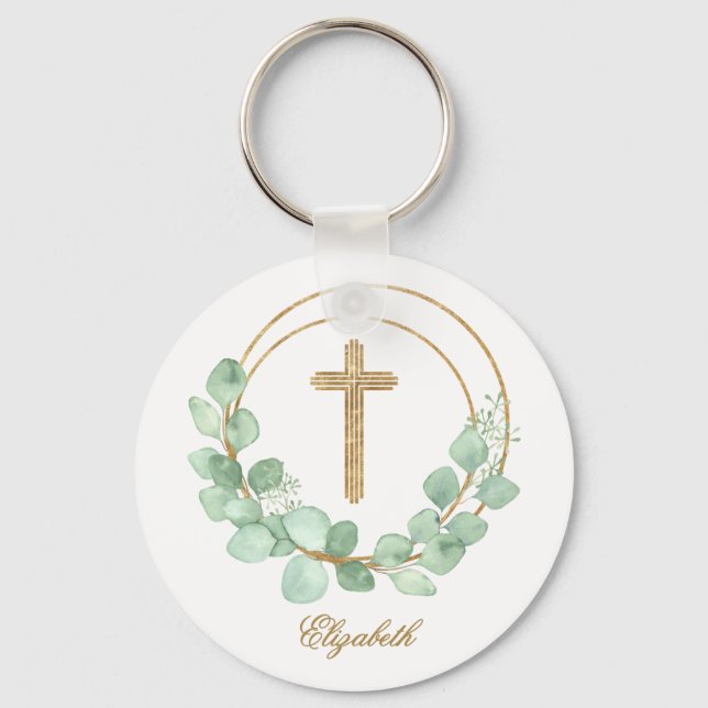 Eucalyptus Gold Cross Keychain (Front)
