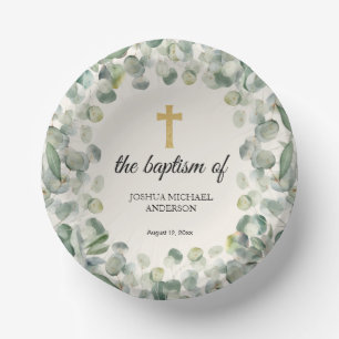 Eucalyptus Gold Cross Religious Baptism Paper Plate