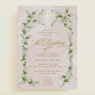 Eucalyptus Gold Cross Wreath Baptism Invitation Fo