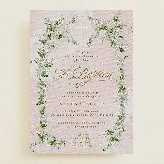 Eucalyptus Gold Cross Wreath Baptism Invitation Fo (Créateur téléchargé)