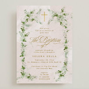 Eucalyptus Gold Cross Wreath Girl Baptism Invitation