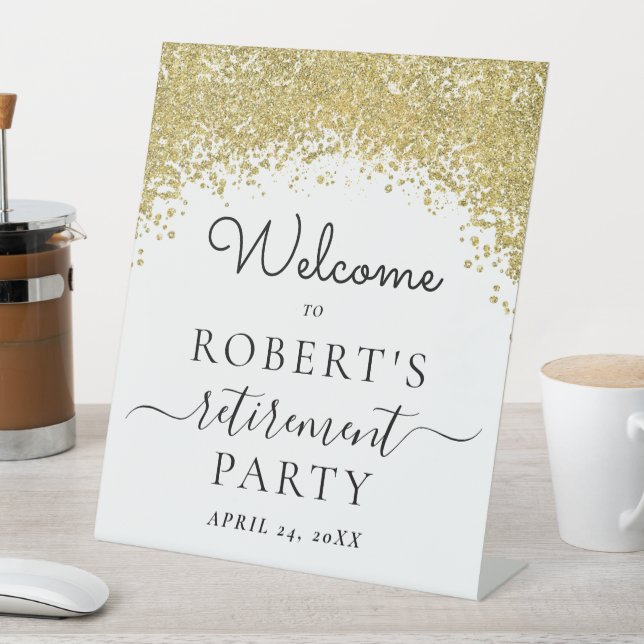 Eucalyptus Gold Elegant Retirement Party Welcome Pedestal Sign (In SItu)