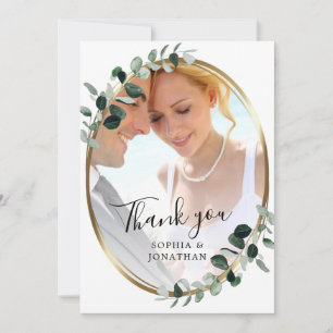 Eucalyptus Gold Elegant Script Photo Wedding Thank You Card