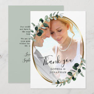 Eucalyptus Gold Elegant Script Photo Wedding Thank You Card