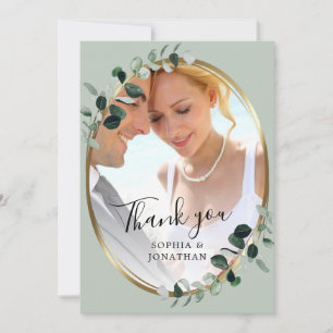 Eucalyptus Gold Elegant Script Sage Photo Wedding Thank You Card