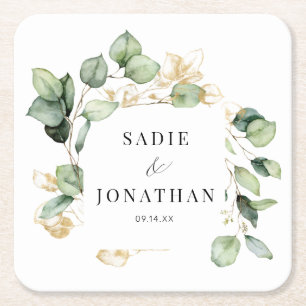 Eucalyptus Gold Elegant Wreath Wedding Square Paper Coaster