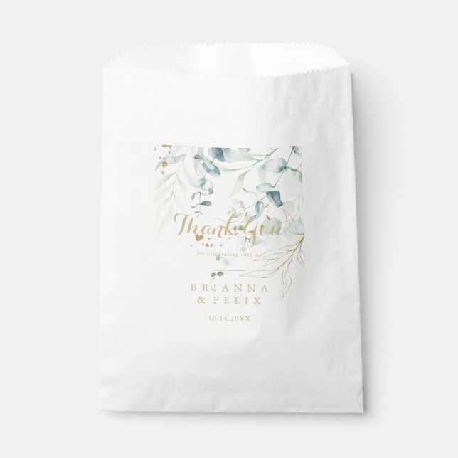 Eucalyptus Gold Floral Blue Thank You Wedding  Favour Bag (Front)
