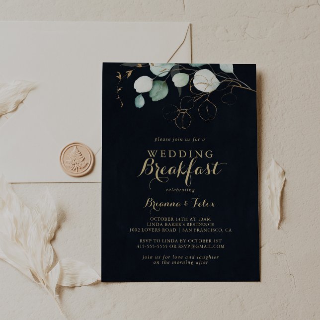 Eucalyptus Gold Floral Blue Wedding Breakfast  Invitation (Creator Uploaded)