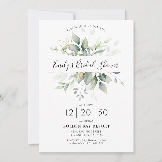 Eucalyptus Gold Floral Bridal Shower Invitation (Front)