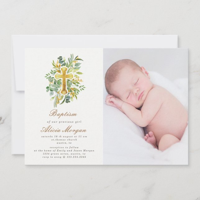 eucalyptus gold floral cross baptism photo invitation (Front)