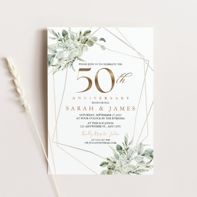 Eucalyptus Gold Geometric 50th Anniversary  Invitation (Eucalyptus Gold Geometric 50th Anniversary Invitation)