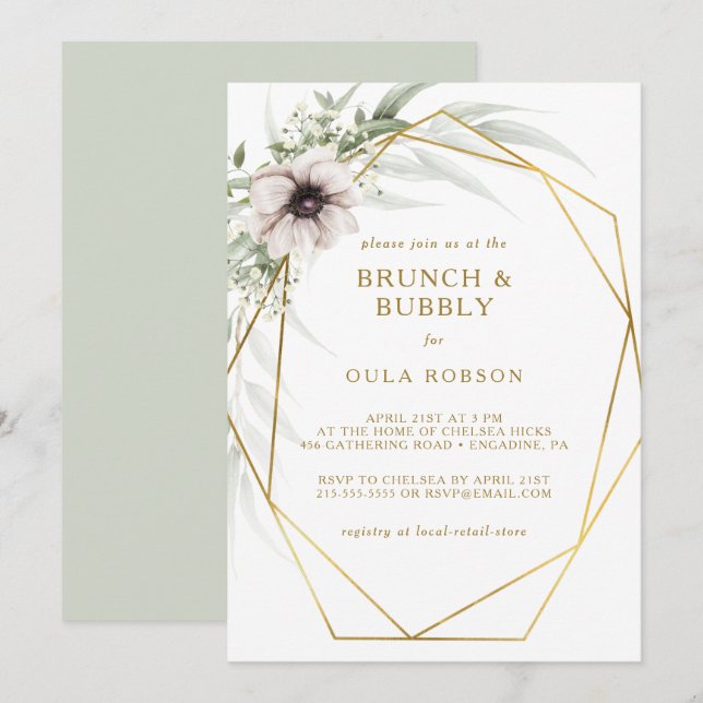 Eucalyptus Gold Geometric Brunch and Bubbly Invitation (Front/Back)