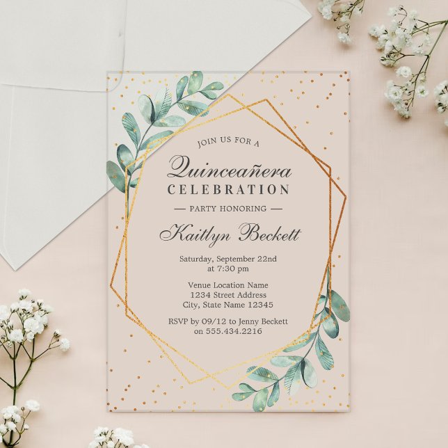 Eucalyptus Gold Geometric Quinceañera Birthday Acrylic Invitations (Creator Uploaded)