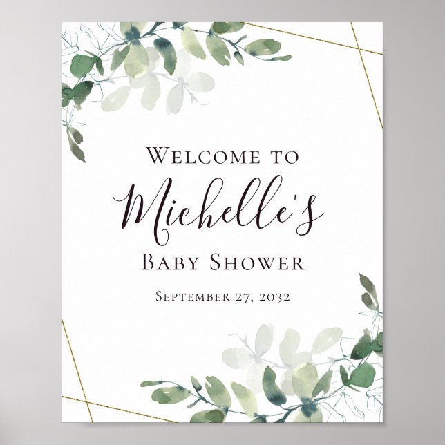 Eucalyptus Gold Glitter Baby Shower Welcome Poster (Front)