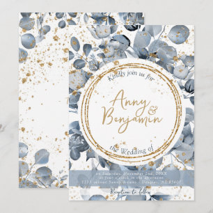 Eucalyptus Gold Glitter - Dusty Blue Invitation 1