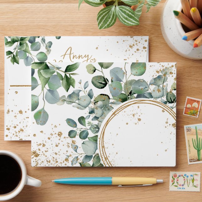 Eucalyptus Gold Glitter green envelope 3 (Desk)