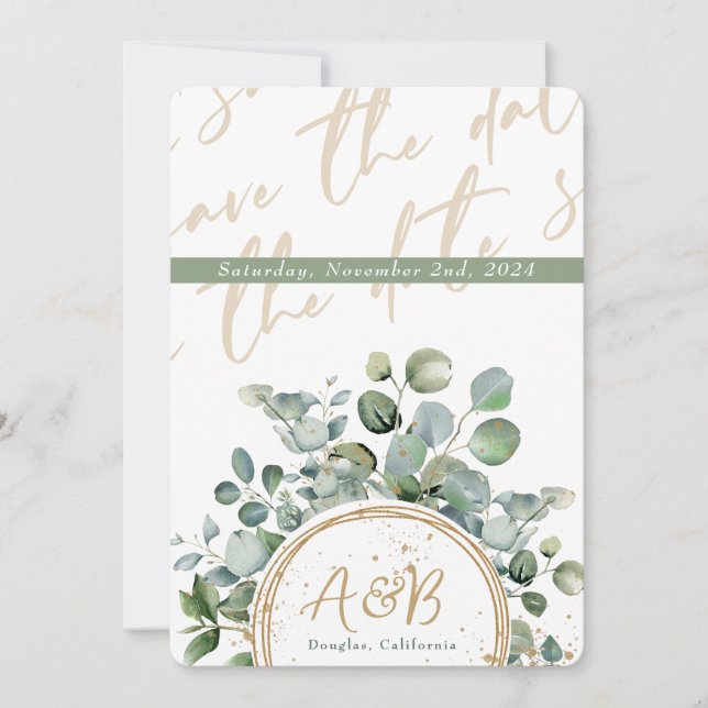 Eucalyptus Gold Glitter - Green - Save the date 1 Invitation (Front)