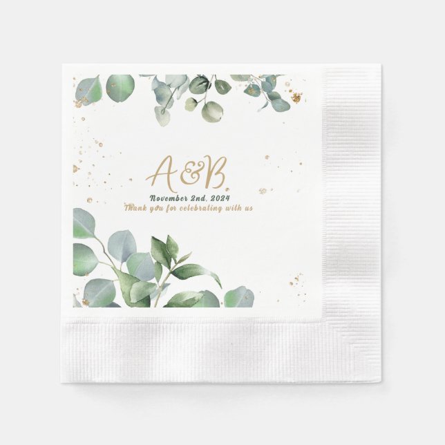 Eucalyptus Gold Glitter - Green Wedding Napkin (Front)