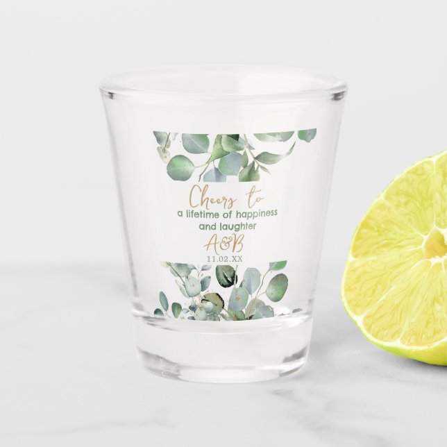 Eucalyptus Gold Glitter - Green Wedding Shot Glass (Front)