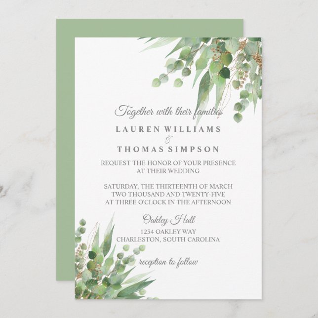 Eucalyptus Gold Glitter Wedding Invitation (Front/Back)