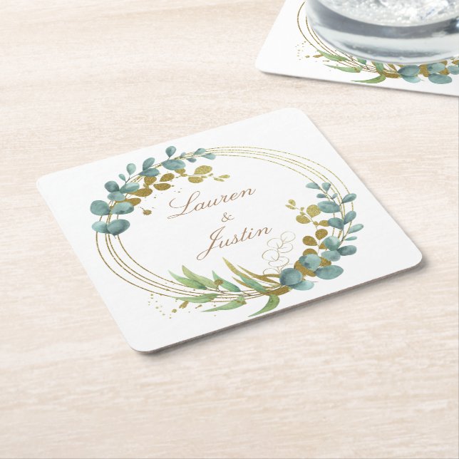 eucalyptus gold greenery Monogram  Square Paper Coaster (Angled)