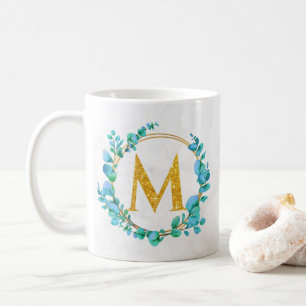 Eucalyptus Gold Greenery Personalize Monogram A-Z Coffee Mug