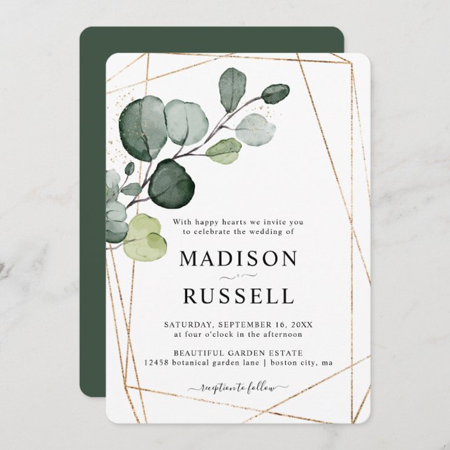 Eucalyptus Gold Greenery Wedding Invitation (Front/Back)