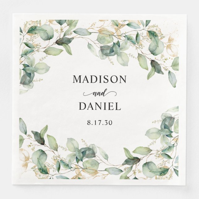 Eucalyptus Gold Leaves Wedding Napkin (Front)