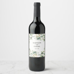 Eucalyptus Gold Leaves Wedding Wine Label
