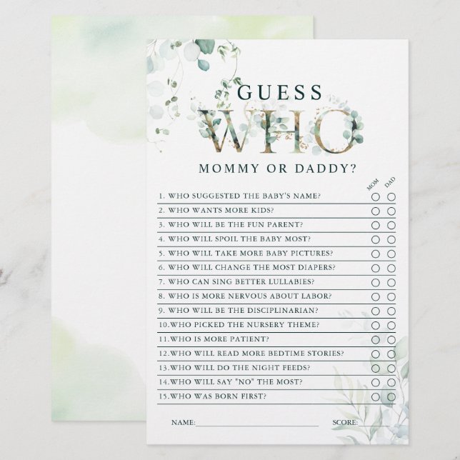 Eucalyptus Gold Letter Mom or Dad Baby Shower Game (Front/Back)